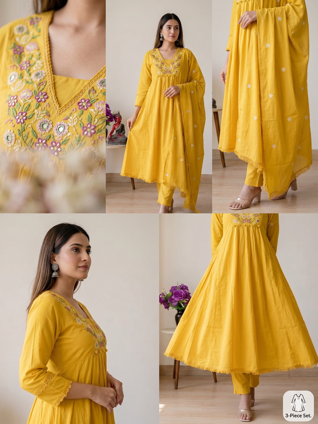 Radiant Yellow Embroidered Anarkali Kurta Set with Pant and Dupatta
