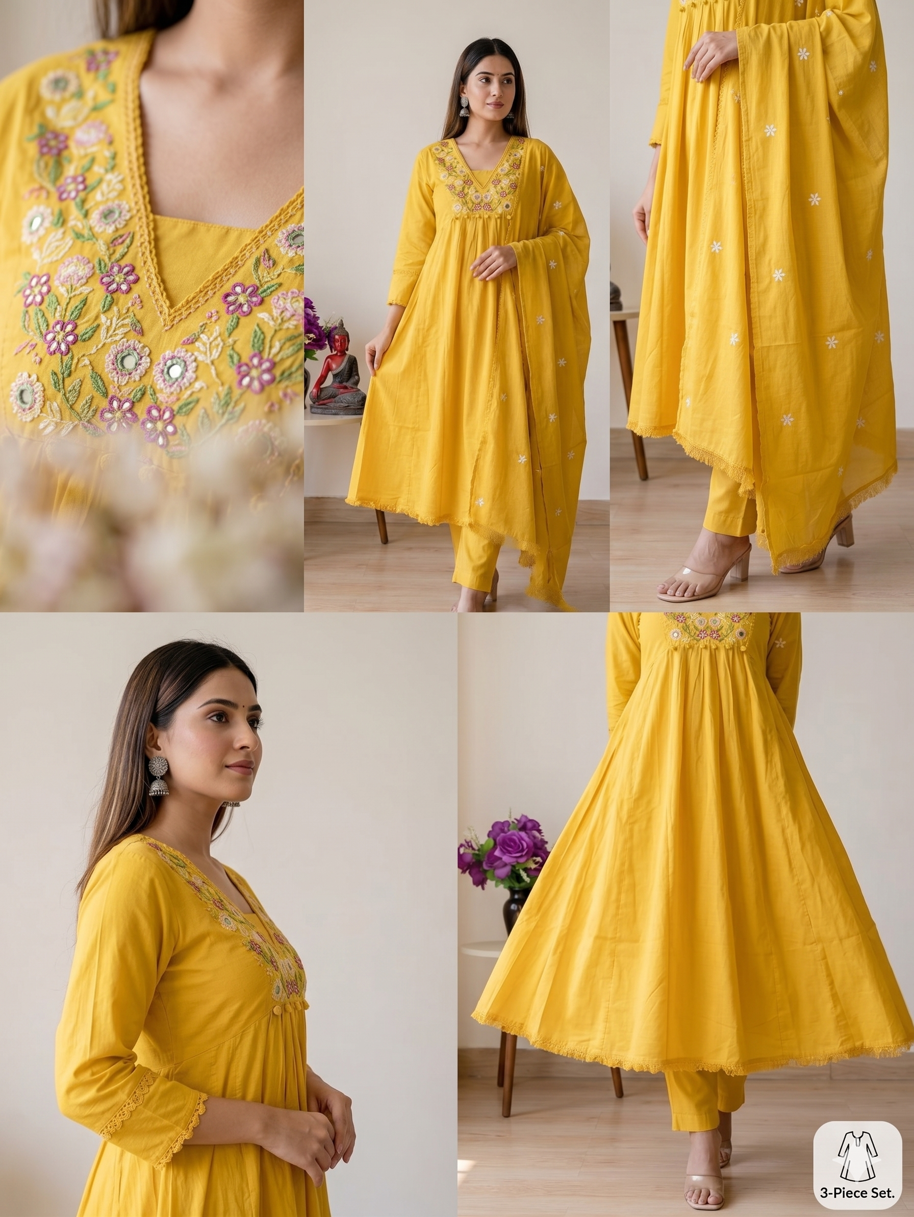 Radiant Yellow Embroidered Anarkali Kurta Set with Pant and Dupatta