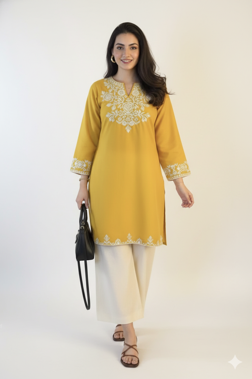 Mustard Yellow Cotton Kurti with Elegant White Floral Chikankari Embroidery
