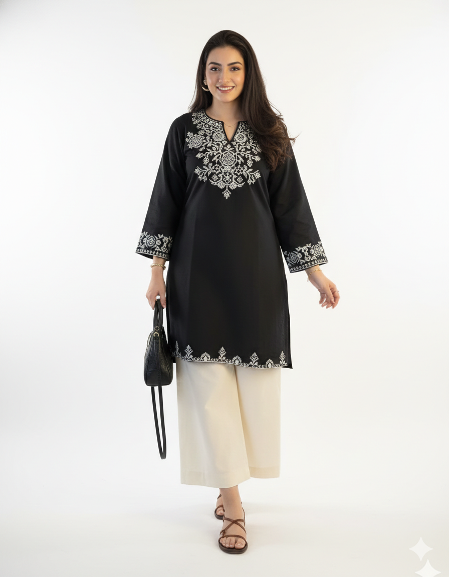 Jet Black Cotton Kurti with Intricate White Chikankari Floral Embroidery