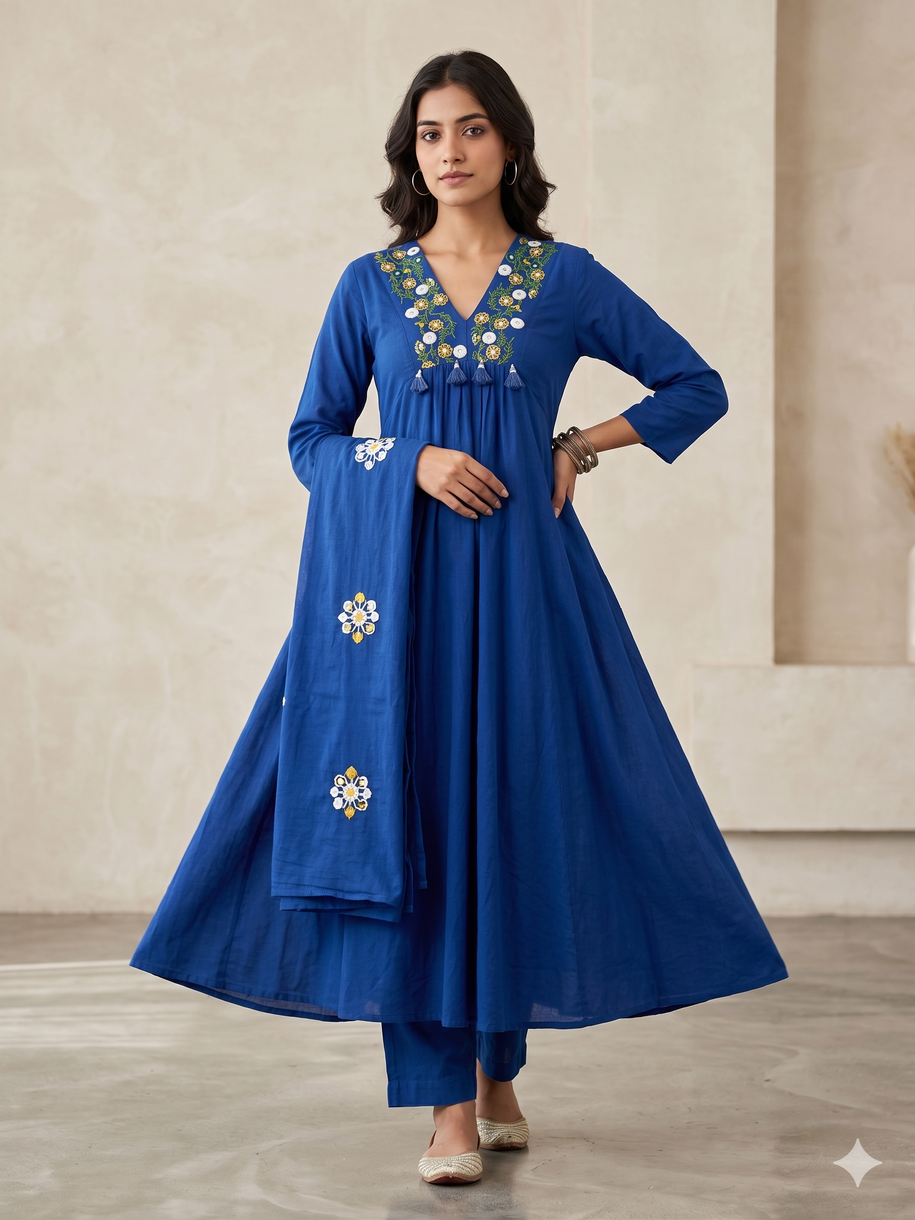 Royal Blue Embroidered Anarkali Kurta Set with Pant and Dupatta