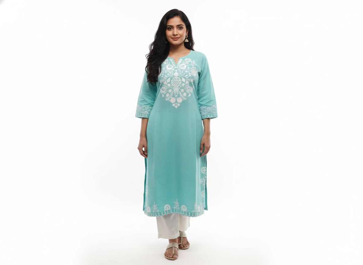 Seafoam Blue Cotton Chikankari Kurti with Intricate Floral Embroidery