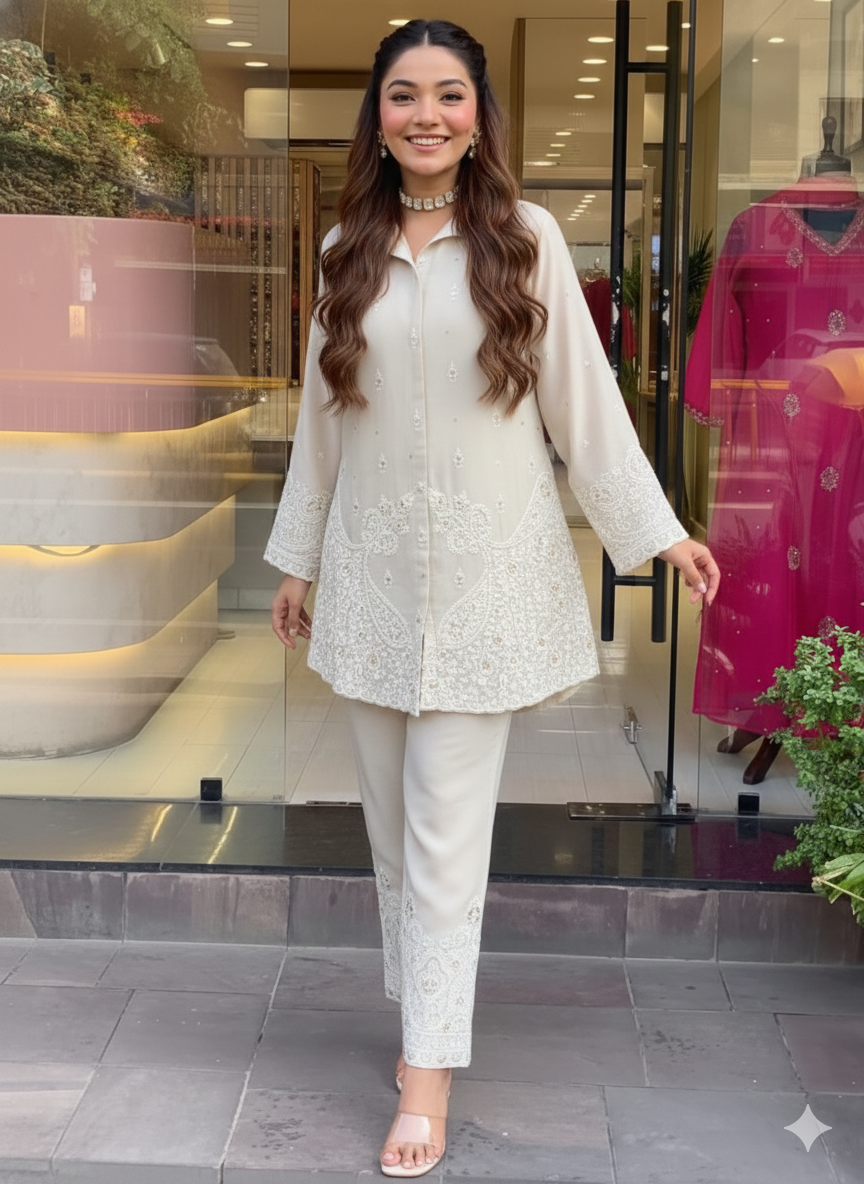 Premium Chanderi Silk Embroidered Co-Ord set