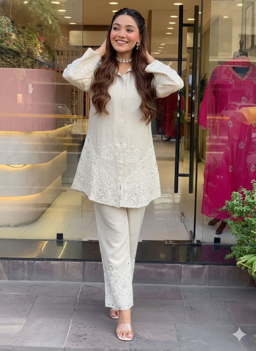 Premium Chanderi Silk Embroidered Co-Ord set