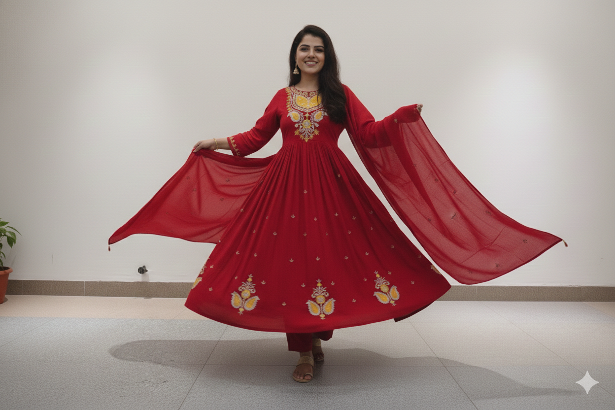 Maroon Embroidered Cotton Anarkali Set