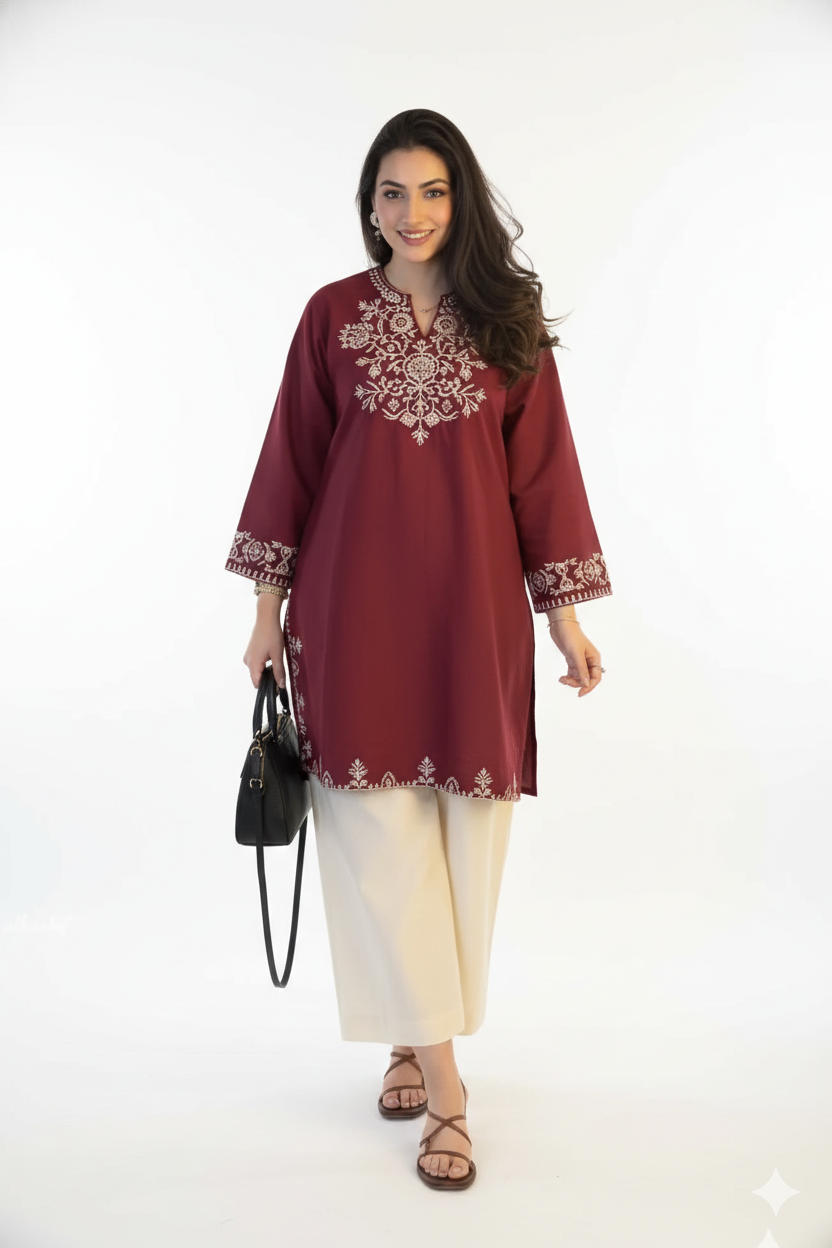 Deep Wine Rayon Silk Kurti with Intricate Ivory Chikankari Embroidery