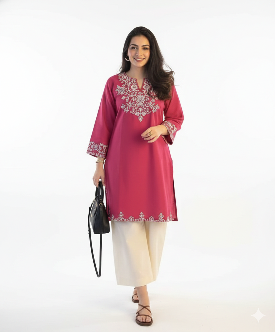 Magenta Pink Cotton Chikankari Kurti with Silver Floral Embroidery