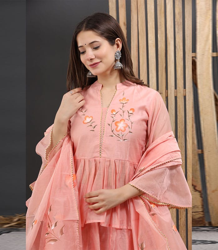 Floral Embroidered Lehenga Set in Peach