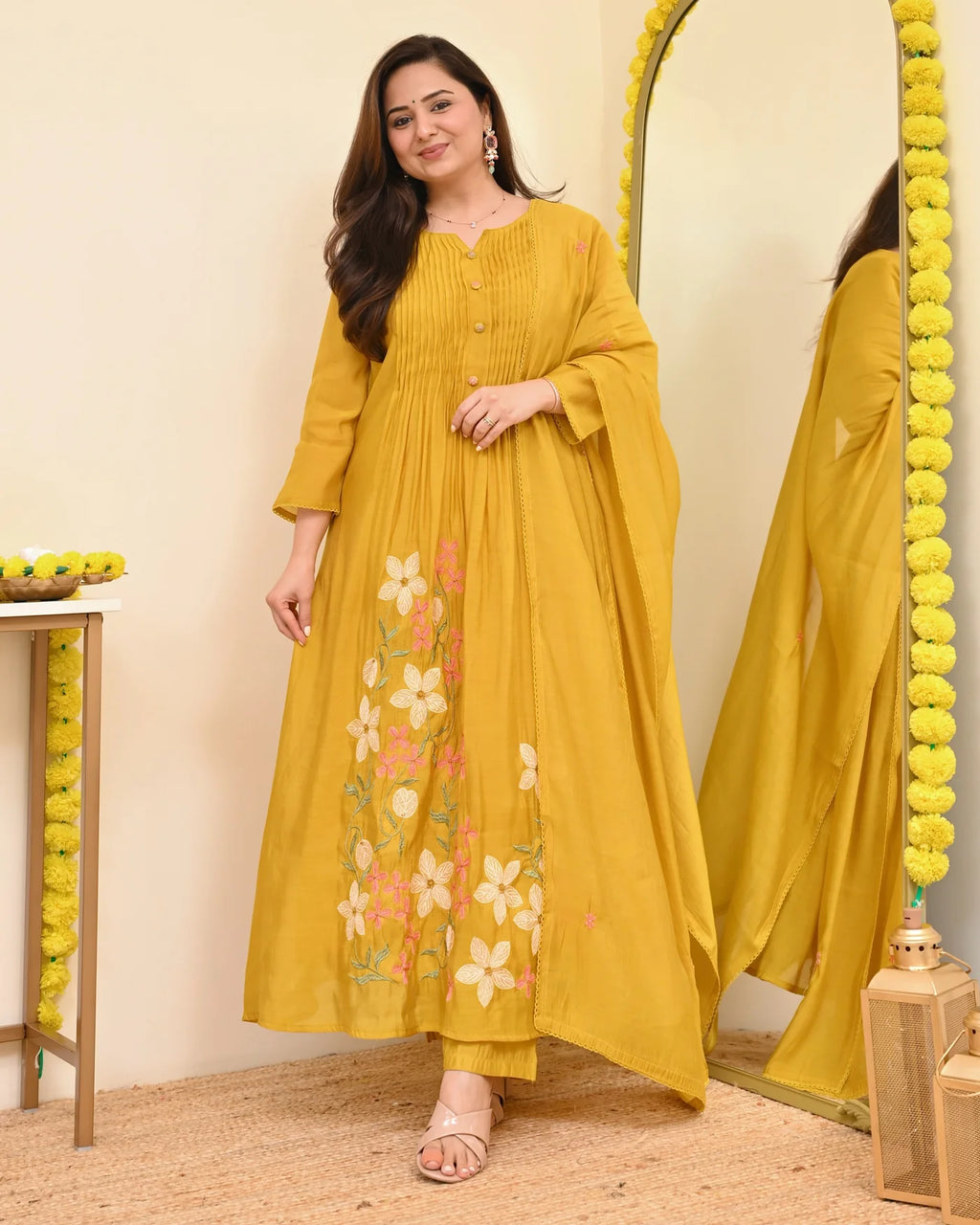 Yellow Floral Embroidered Pintuck Kurta Set with Dupatta