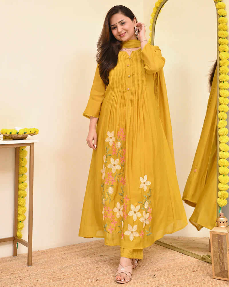 Yellow Floral Embroidered Pintuck Kurta Set with Dupatta