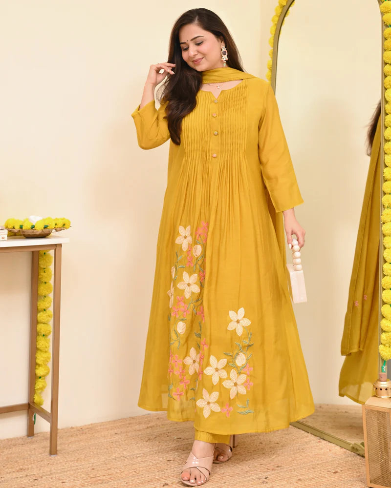 Yellow Floral Embroidered Pintuck Kurta Set with Dupatta