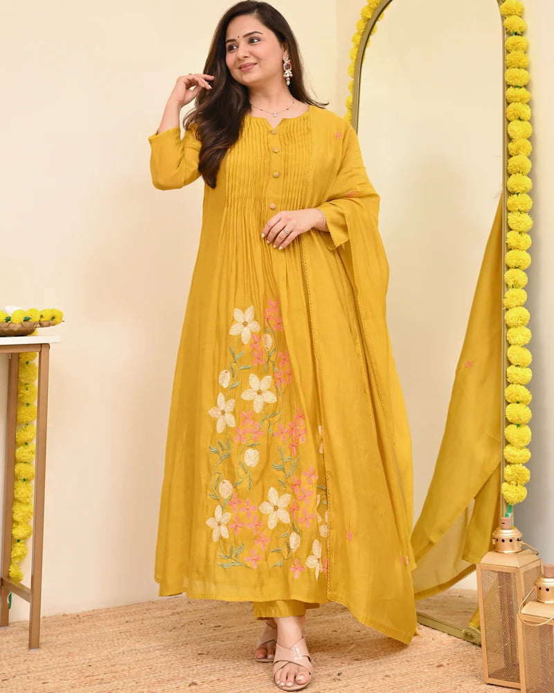 Yellow Floral Embroidered Pintuck Kurta Set with Dupatta