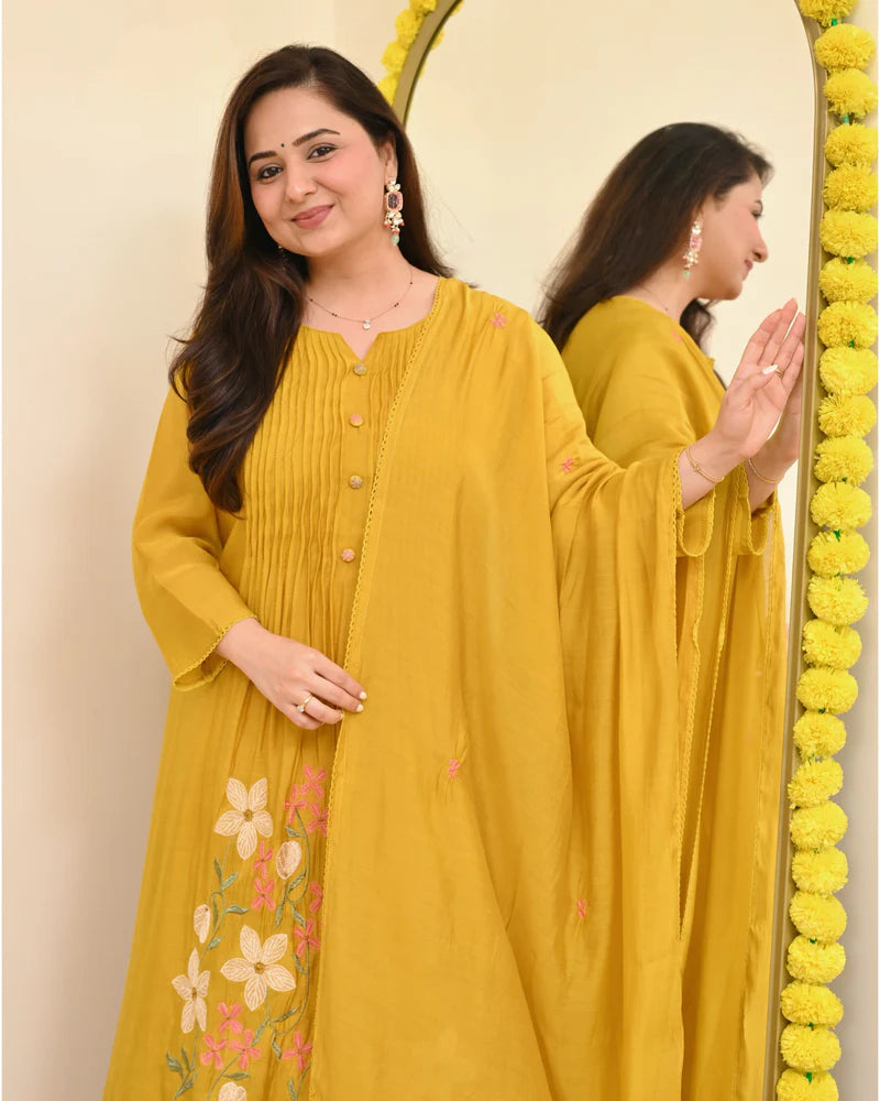 Yellow Floral Embroidered Pintuck Kurta Set with Dupatta