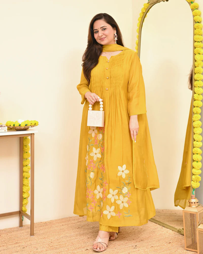 Yellow Floral Embroidered Pintuck Kurta Set with Dupatta