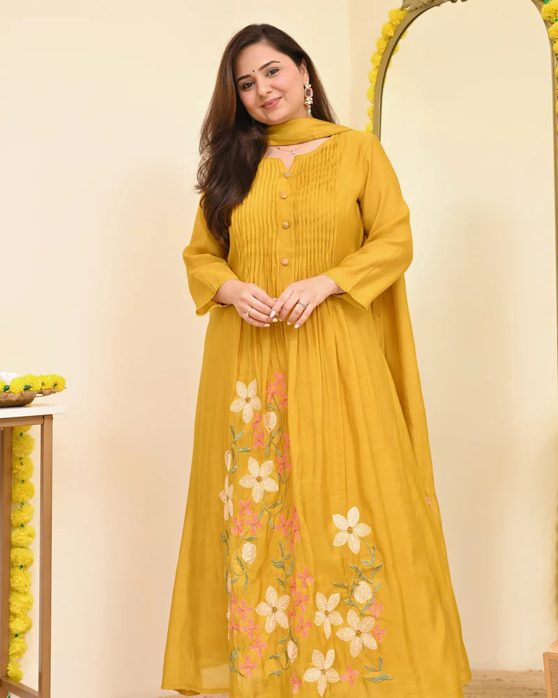 Yellow Floral Embroidered Pintuck Kurta Set with Dupatta