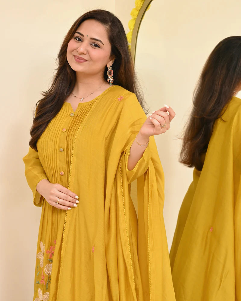 Yellow Floral Embroidered Pintuck Kurta Set with Dupatta