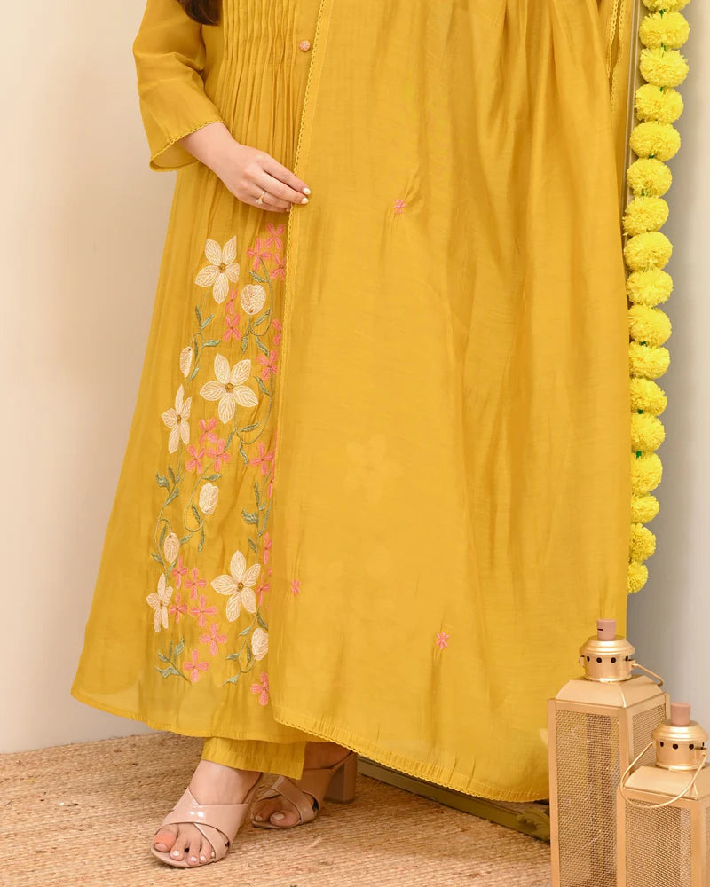 Yellow Floral Embroidered Pintuck Kurta Set with Dupatta