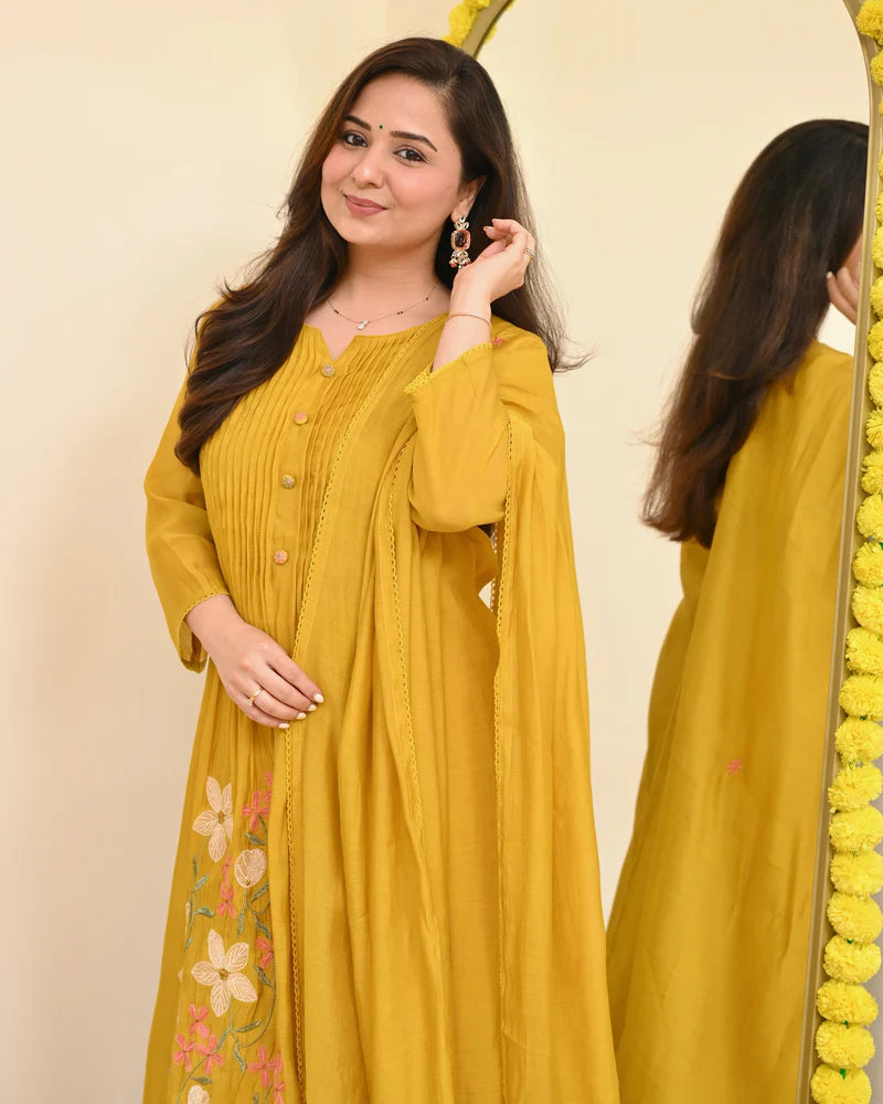 Yellow Floral Embroidered Pintuck Kurta Set with Dupatta