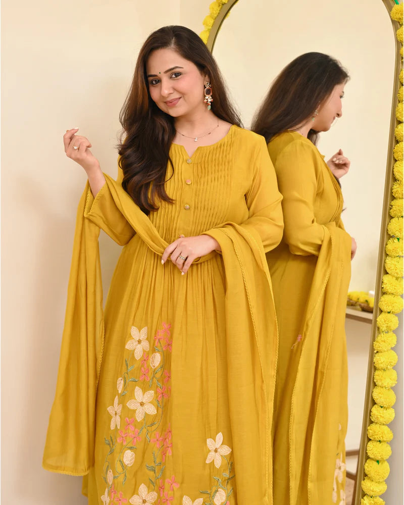 Yellow Floral Embroidered Pintuck Kurta Set with Dupatta