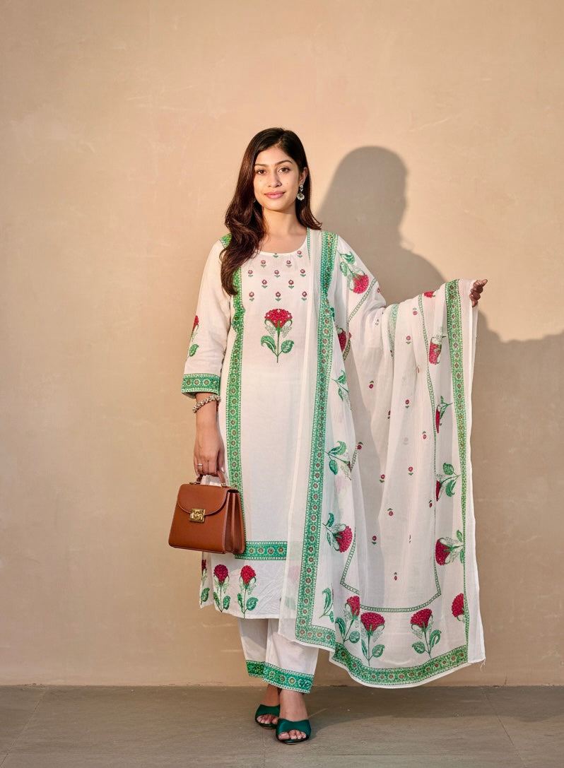 Floral White Block Print Cotton Suit Set with Dupatta