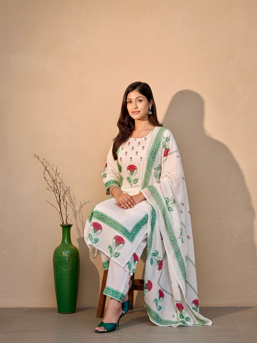 Floral White Block Print Cotton Suit Set with Dupatta