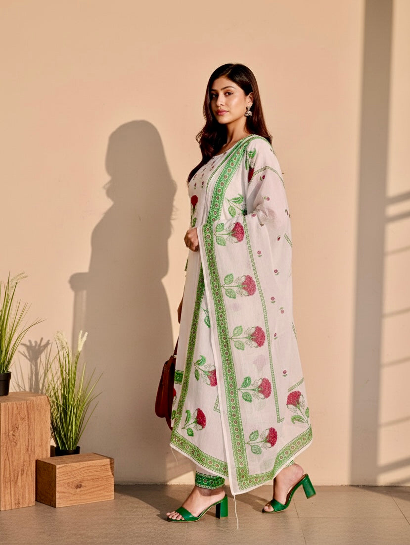 Floral White Block Print Cotton Suit Set with Dupatta
