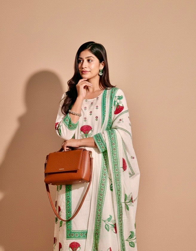 Floral White Block Print Cotton Suit Set with Dupatta