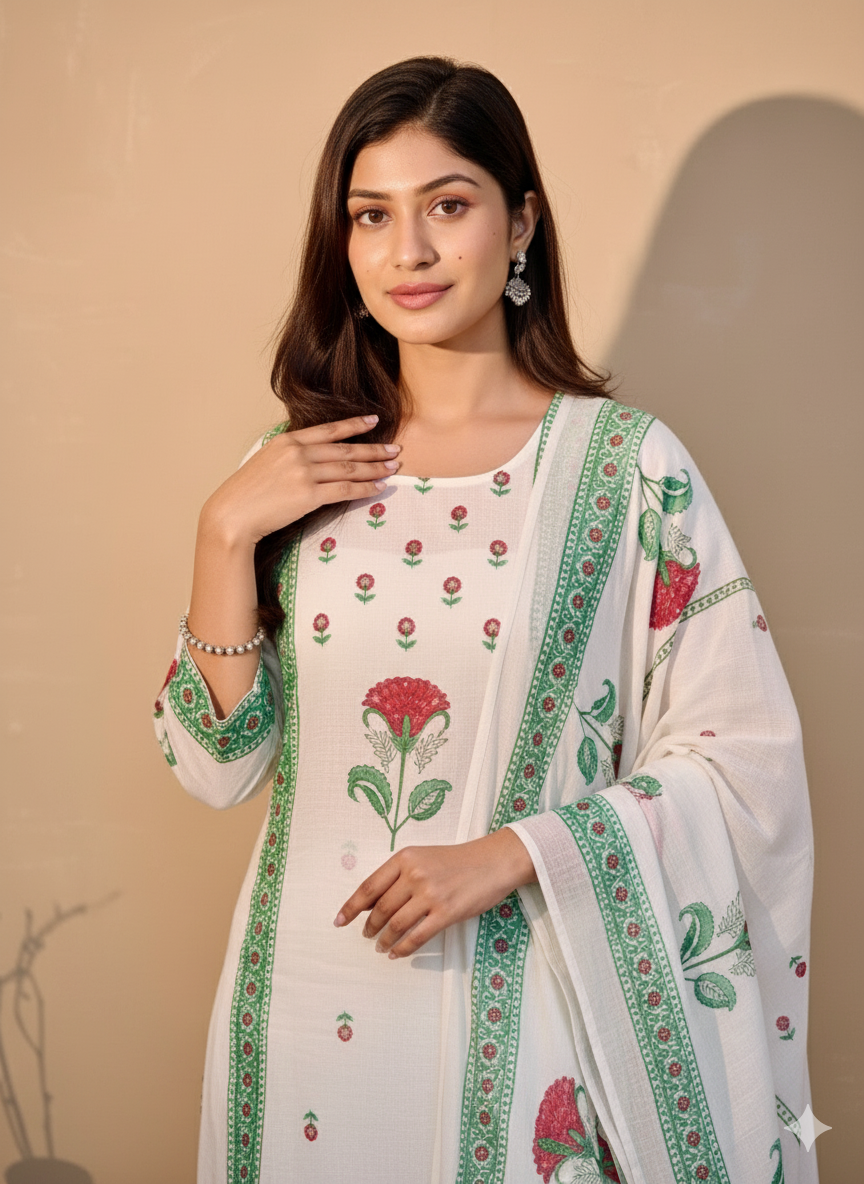 Floral White Block Print Cotton Suit Set with Dupatta