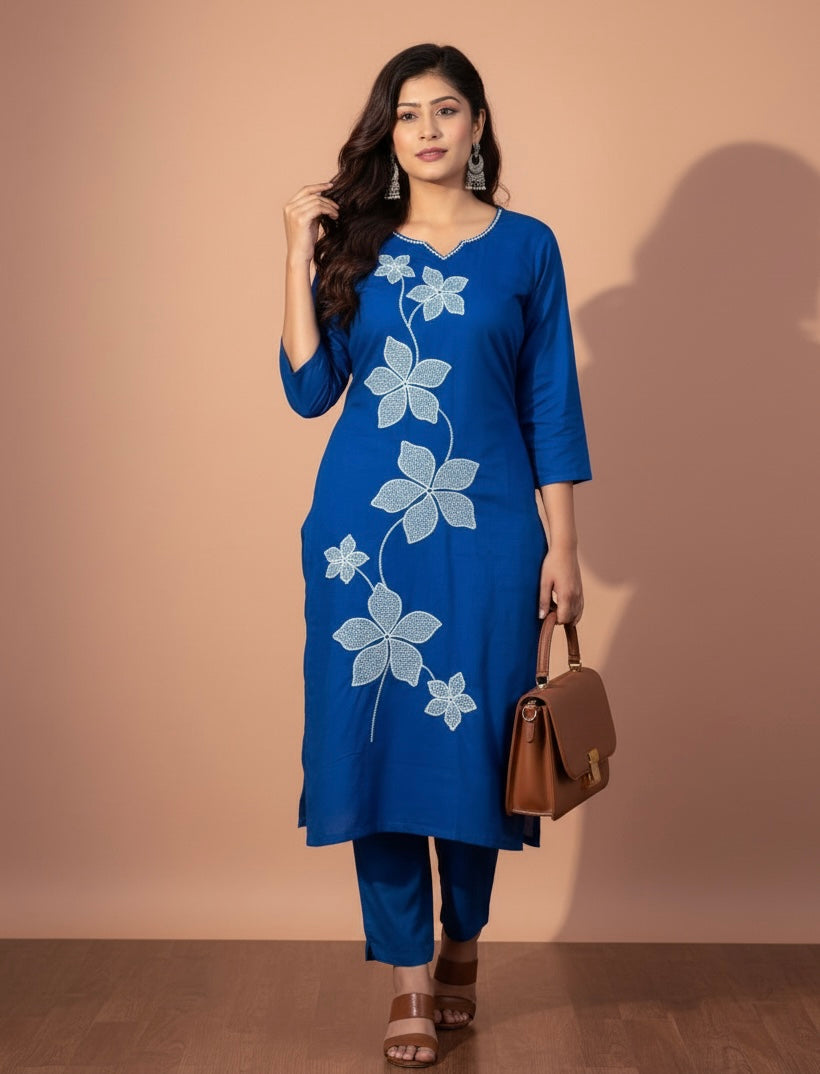 Blue Floral Elegance Kurti Set