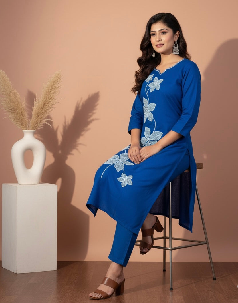 Blue Floral Elegance Kurti Set