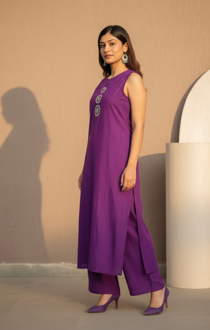 Purple Cotton Sleeve/less Mirror Work Top