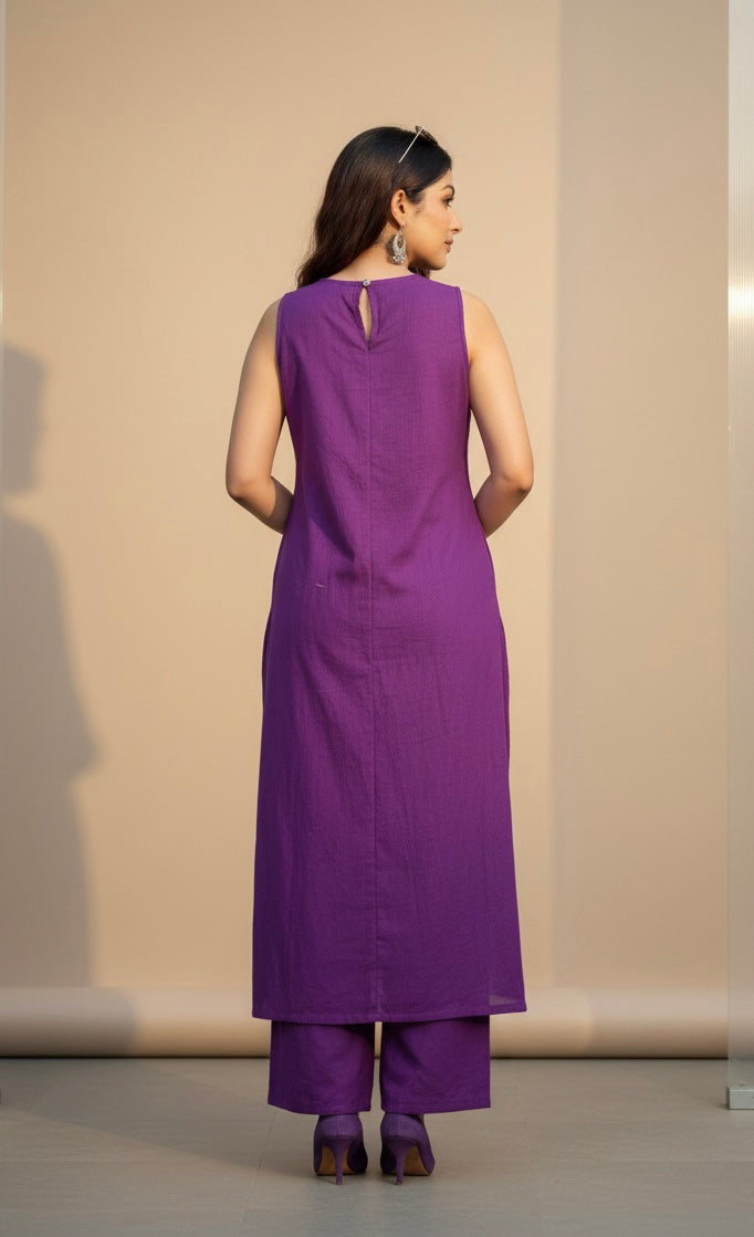 Purple Cotton Sleeve/less Mirror Work Top