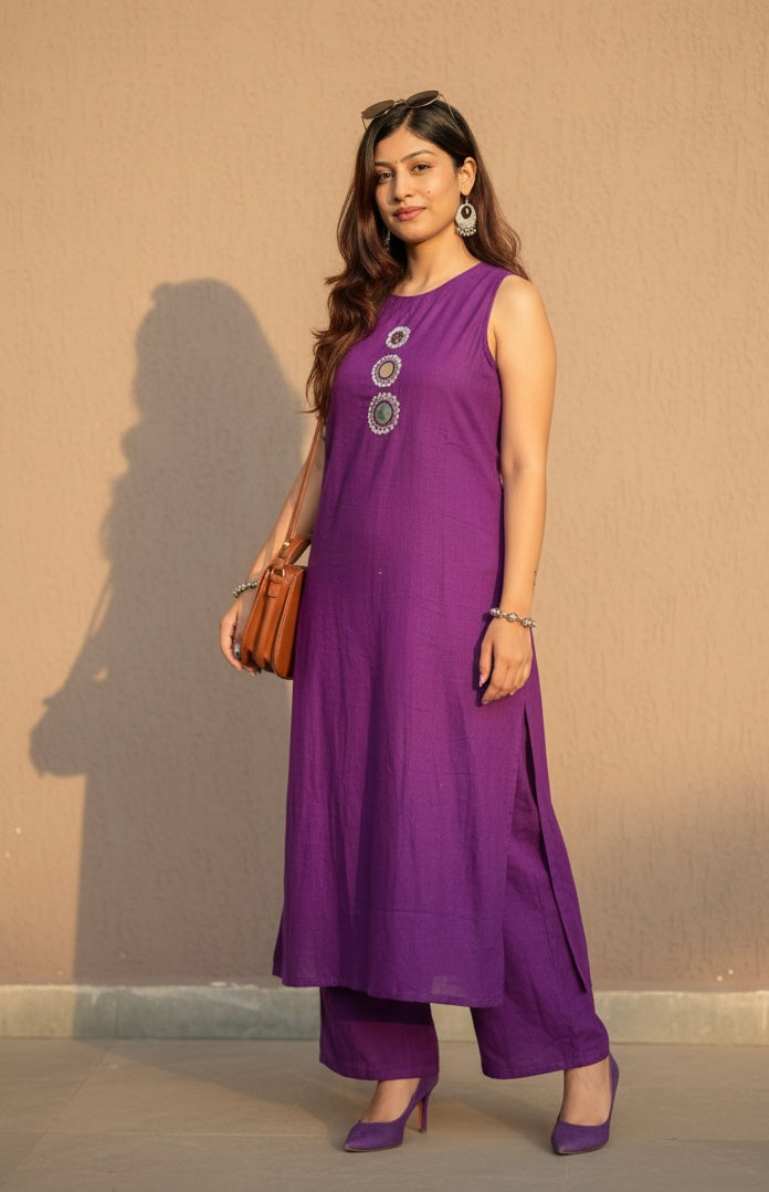 Purple Cotton Sleeve/less Mirror Work Top