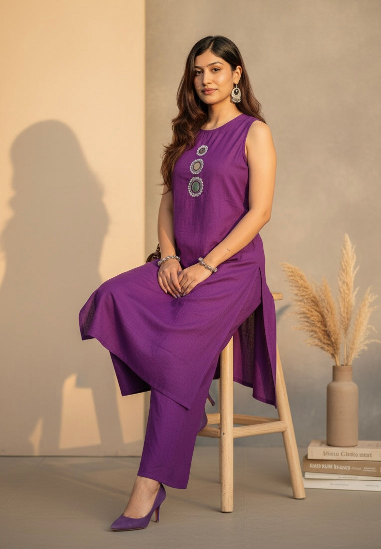 Purple Cotton Sleeve/less Mirror Work Top