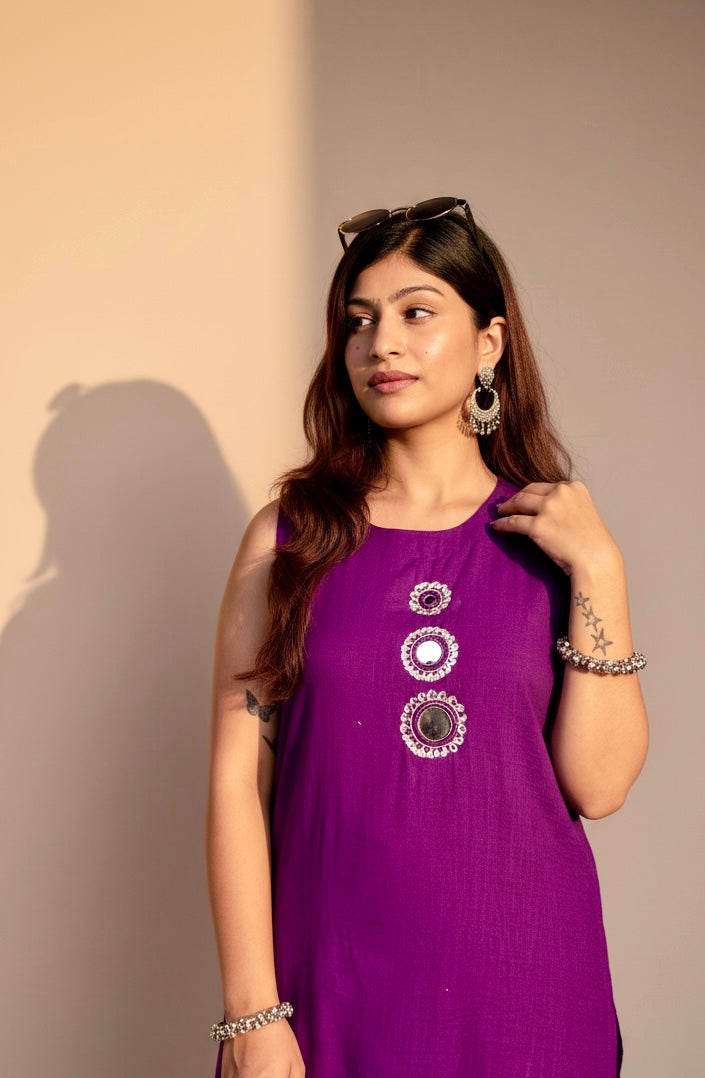 Purple Cotton Sleeve/less Mirror Work Top