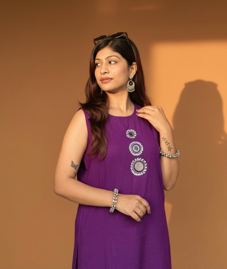 Purple Cotton Sleeve/less Mirror Work Top