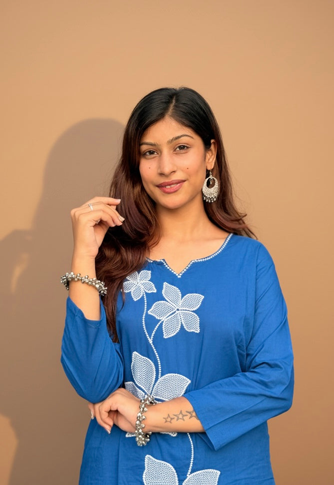 Blue Floral Elegance Kurti Set