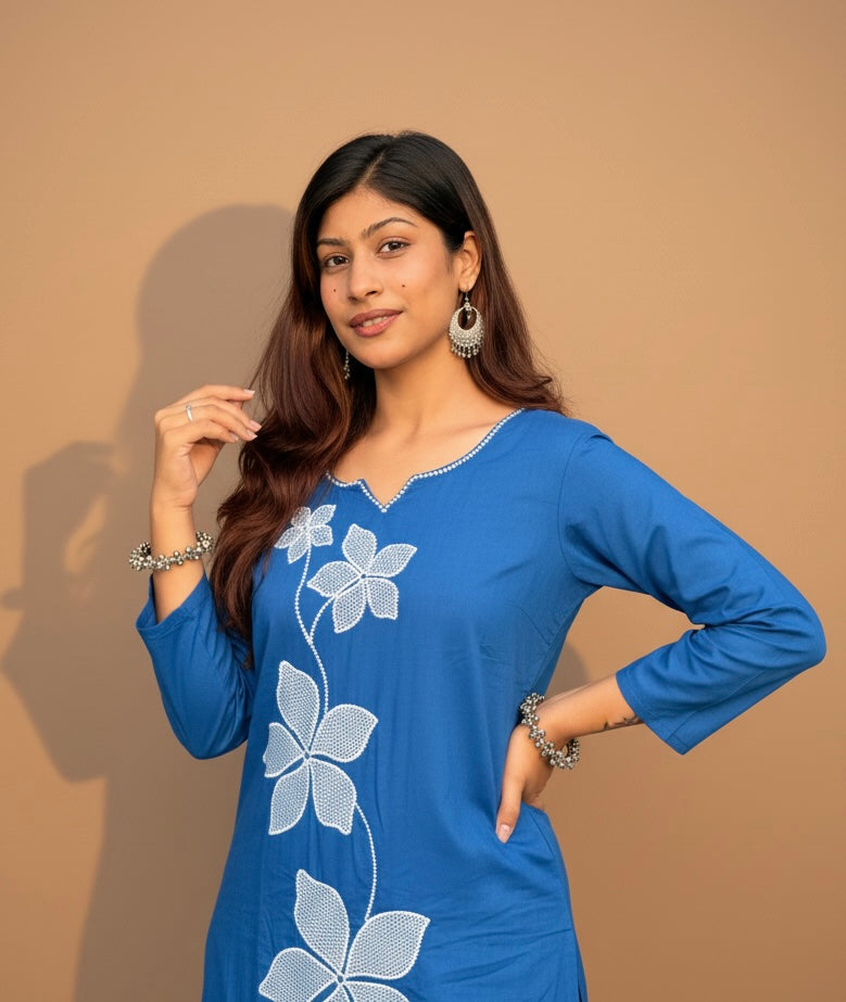 Blue Floral Elegance Kurti Set