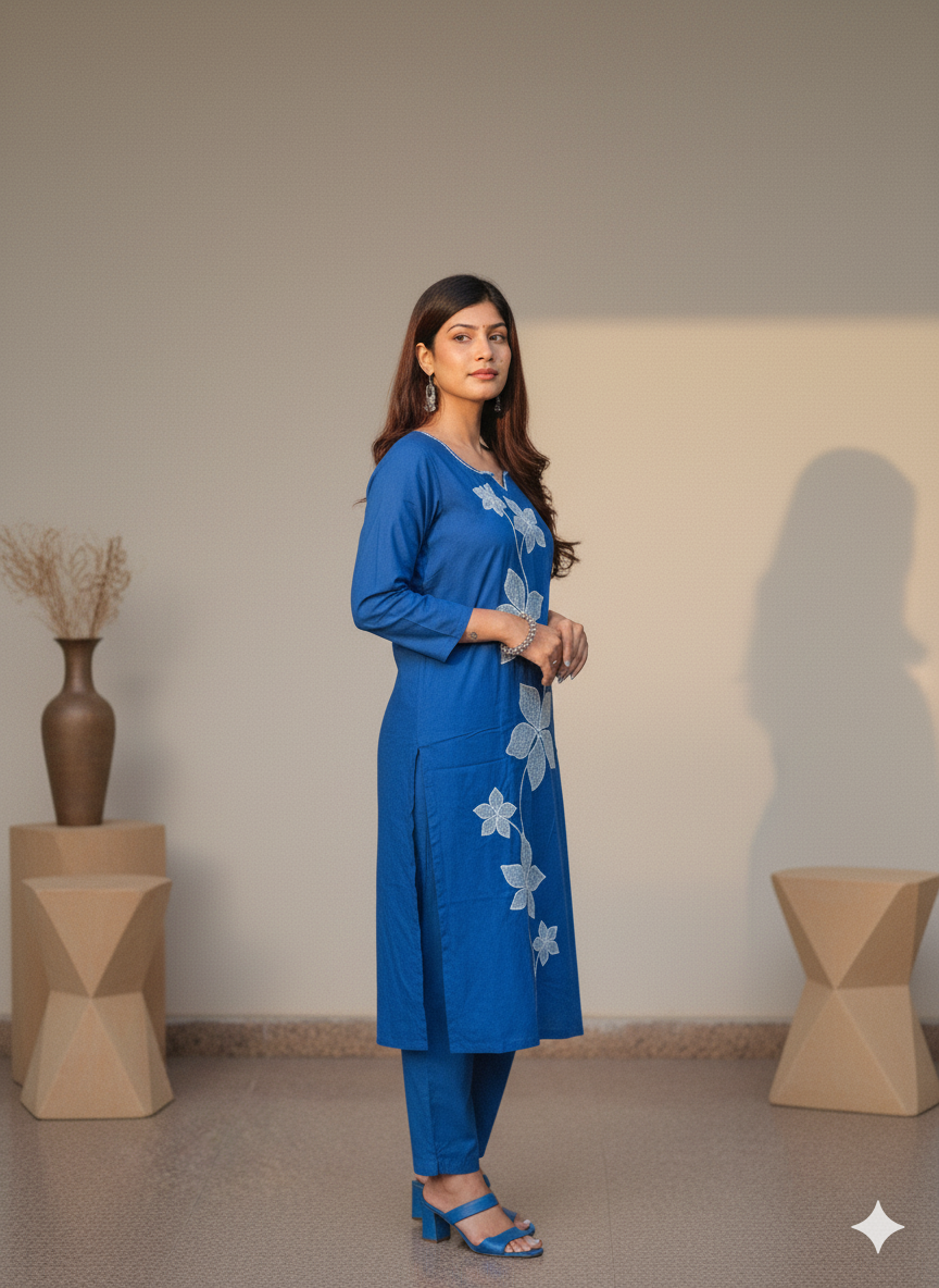 Blue Floral Elegance Kurti Set