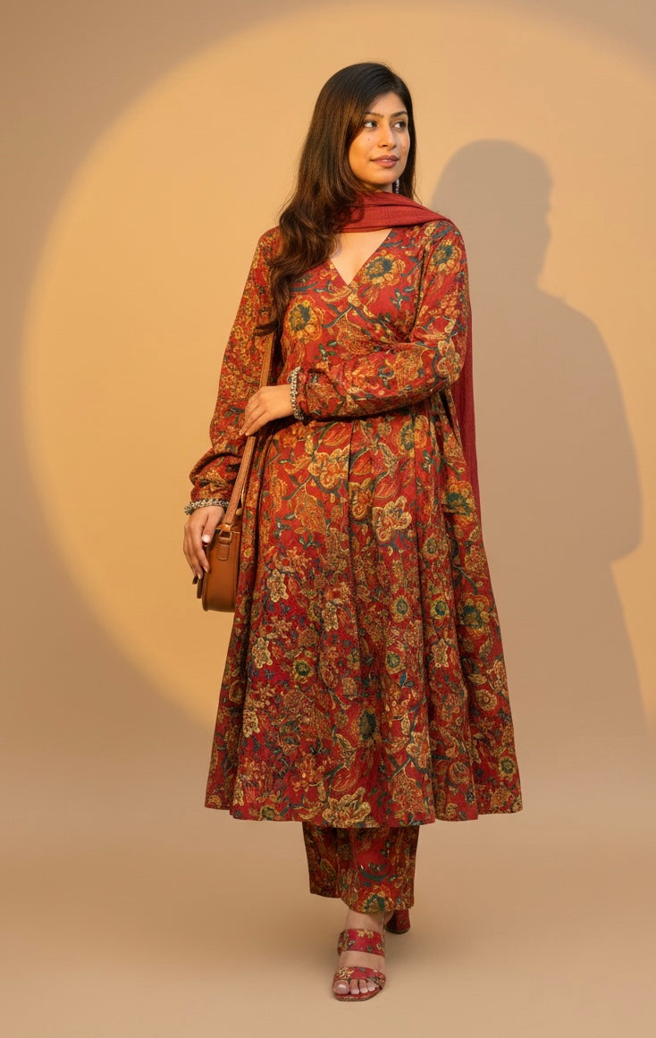 Rust Red Full Flair Cotton Anarkali Kurti with Pant & Dupatta
