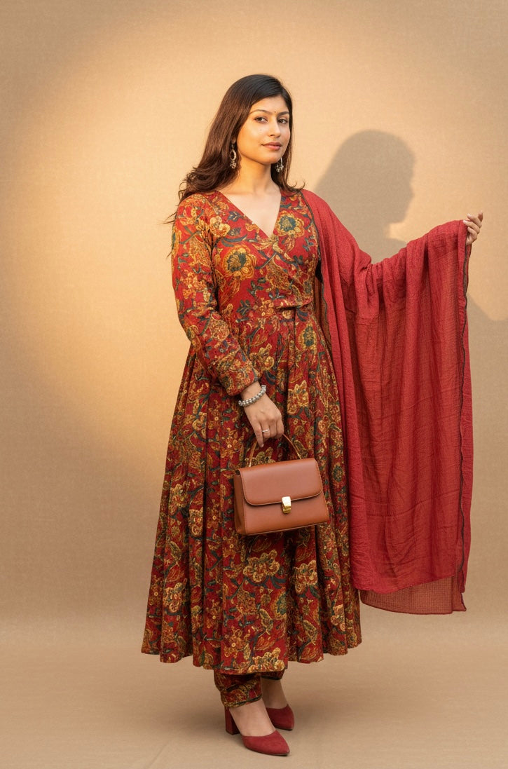 Rust Red Full Flair Cotton Anarkali Kurti with Pant & Dupatta