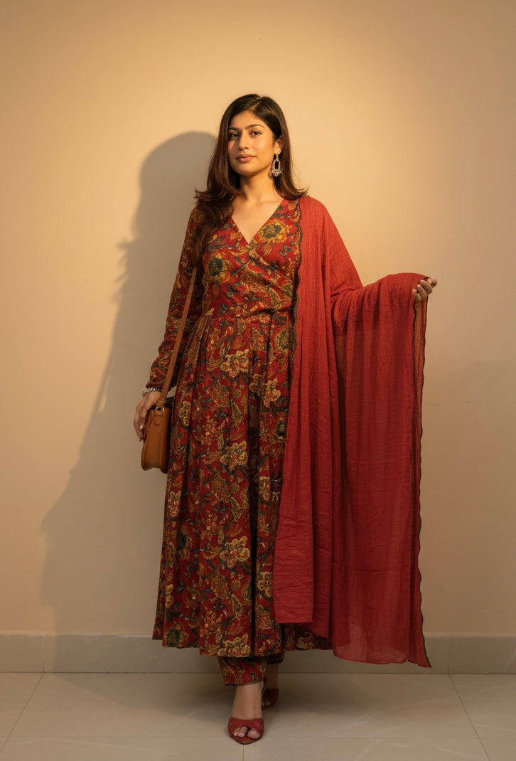 Rust Red Full Flair Cotton Anarkali Kurti with Pant & Dupatta