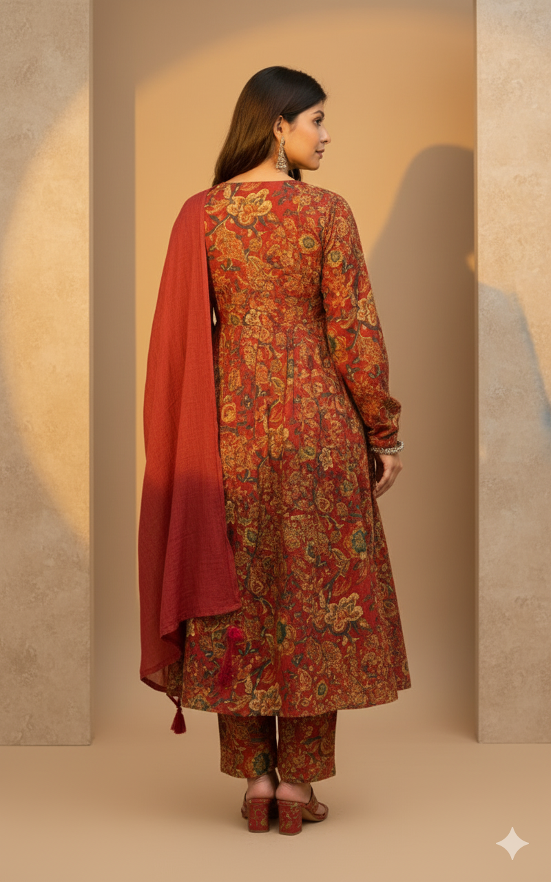 Rust Red Full Flair Cotton Anarkali Kurti with Pant & Dupatta