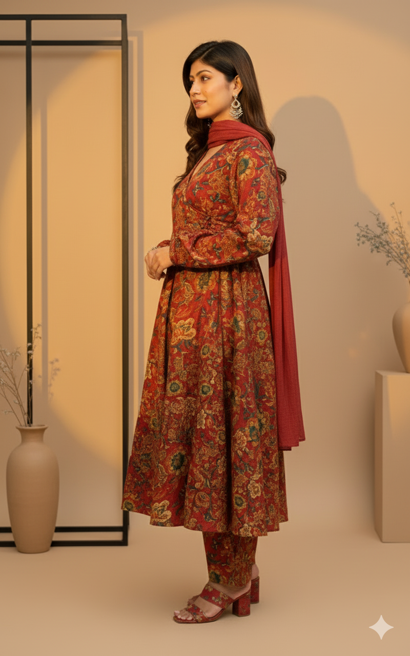 Rust Red Full Flair Cotton Anarkali Kurti with Pant & Dupatta