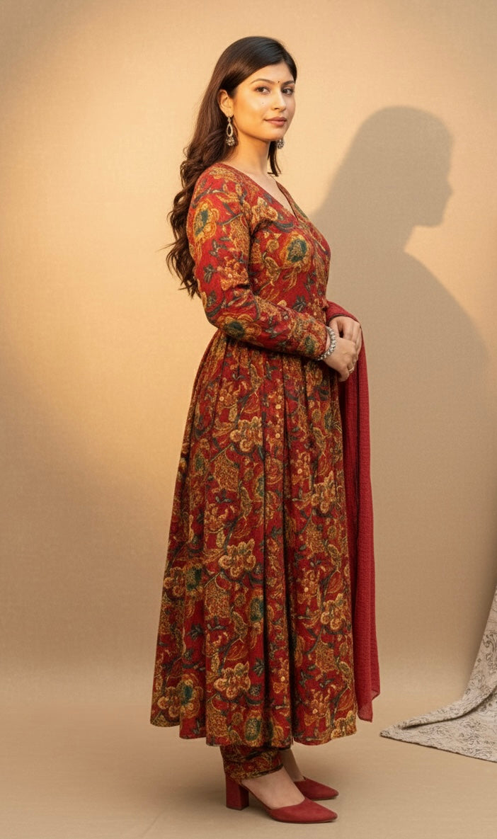 Rust Red Full Flair Cotton Anarkali Kurti with Pant & Dupatta