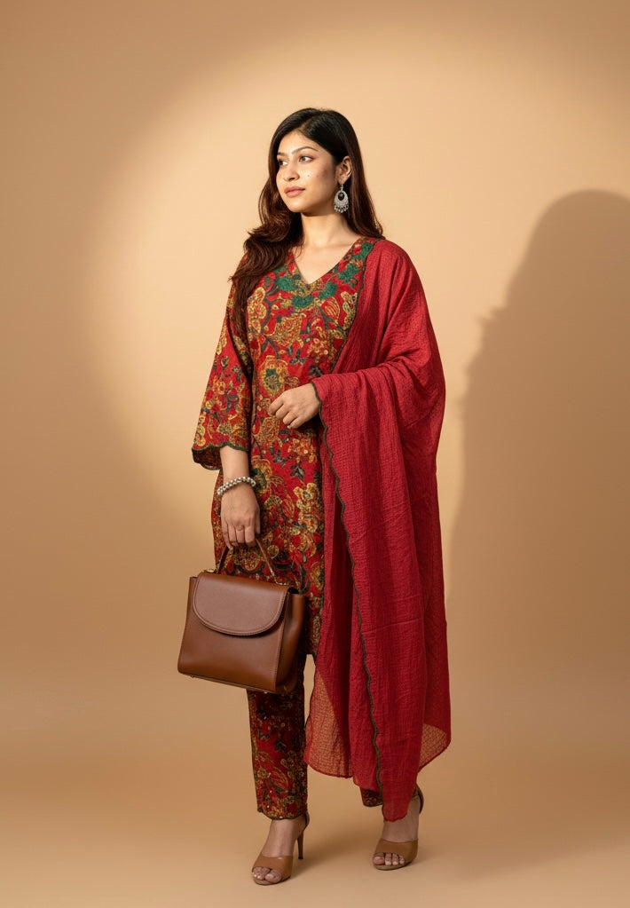Red Floral Printed Kurta Pant Set with Dupatta