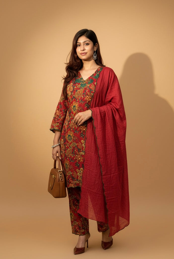 Red Floral Printed Kurta Pant Set with Dupatta
