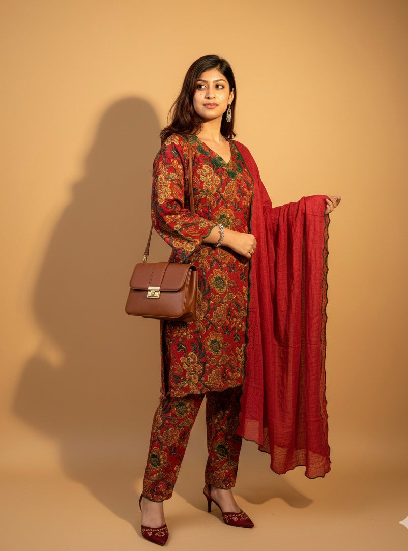 Red Floral Printed Kurta Pant Set with Dupatta