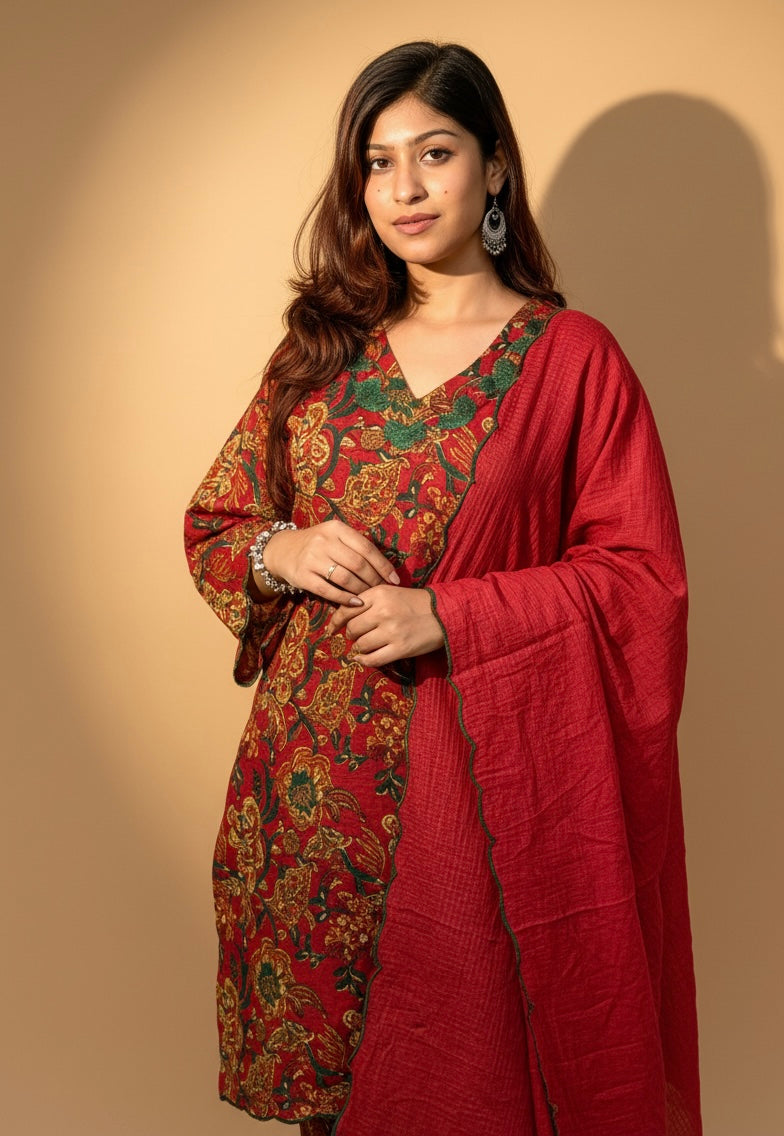 Red Floral Printed Kurta Pant Set with Dupatta