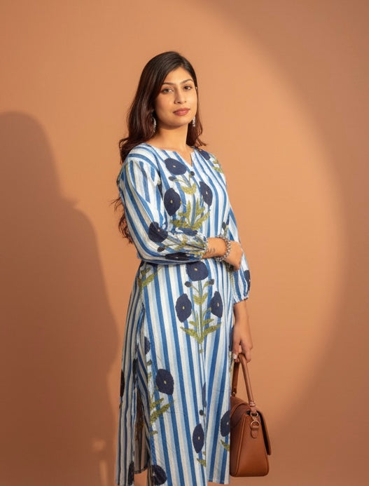 Women’s Navy Blue Striped Floral Cotton Kurta Set